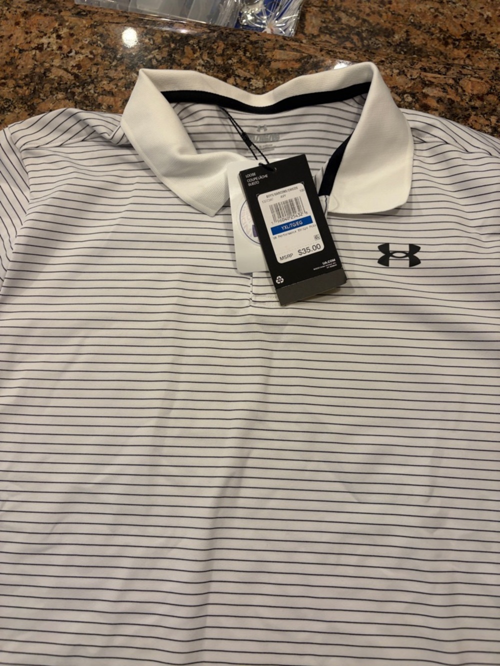 Under Armour boys White Polo with Thin Navy Stripes